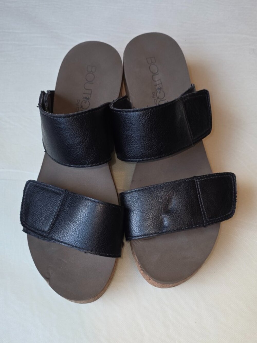 Boutique By Corkys Vegan Leather Slip On Wedges Shoes Adjustable Black Sandals